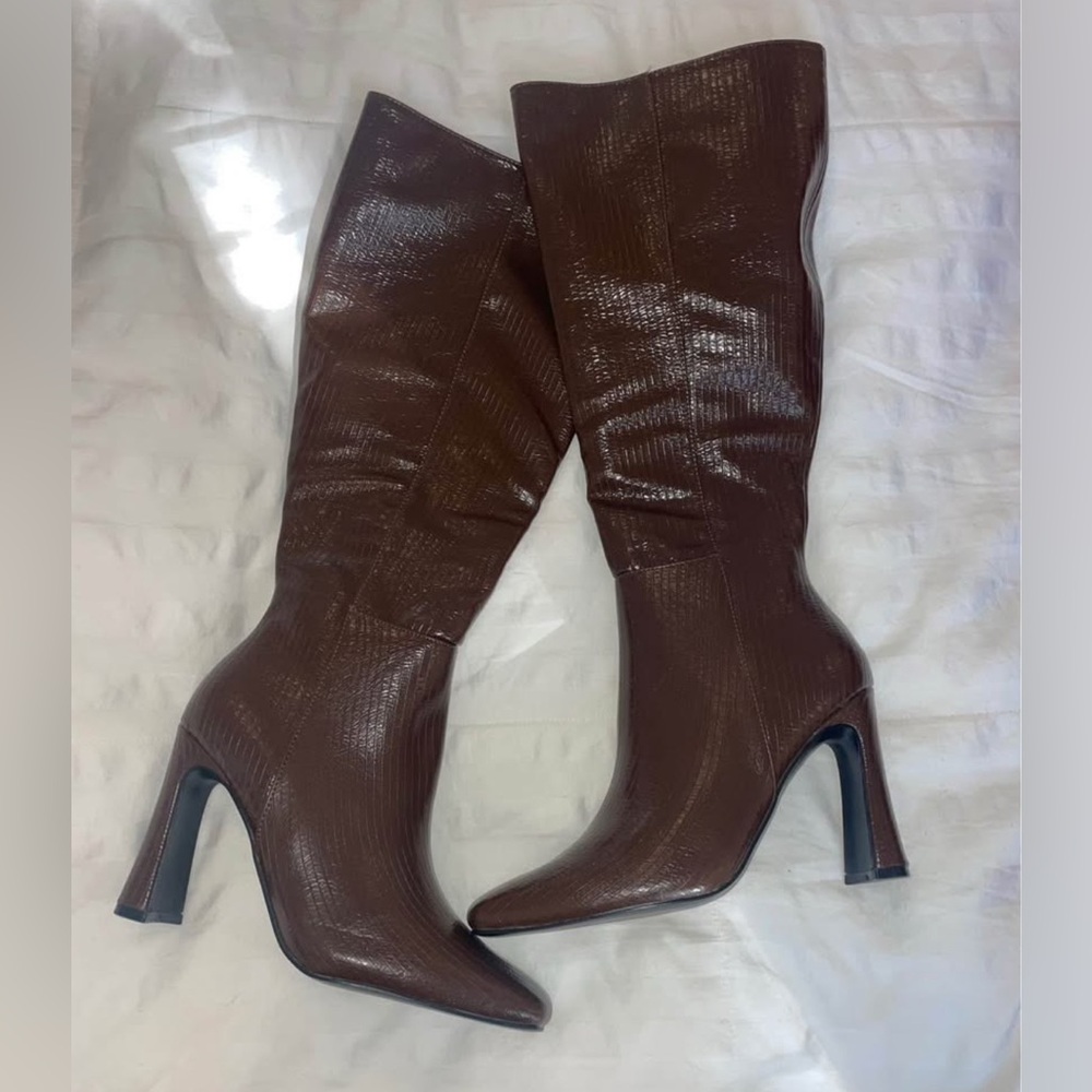 BRAND NEW brown square toe knee high boots